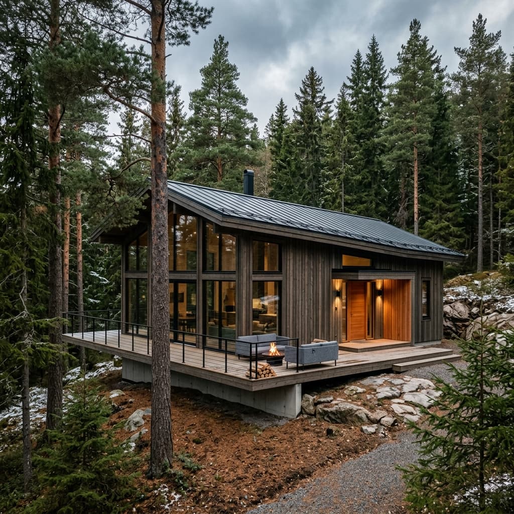 Modern wooden cabin in a pine forest